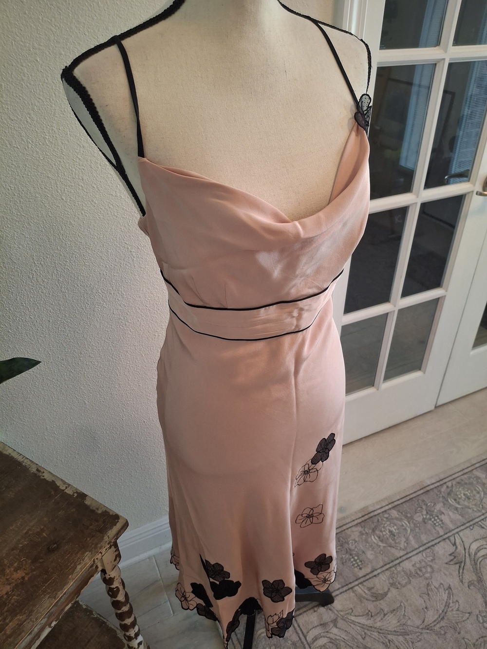 Vintage Y2K Express Pink Silk Slip Midi Dress with Black Floral Accents - Picture 2 of 6